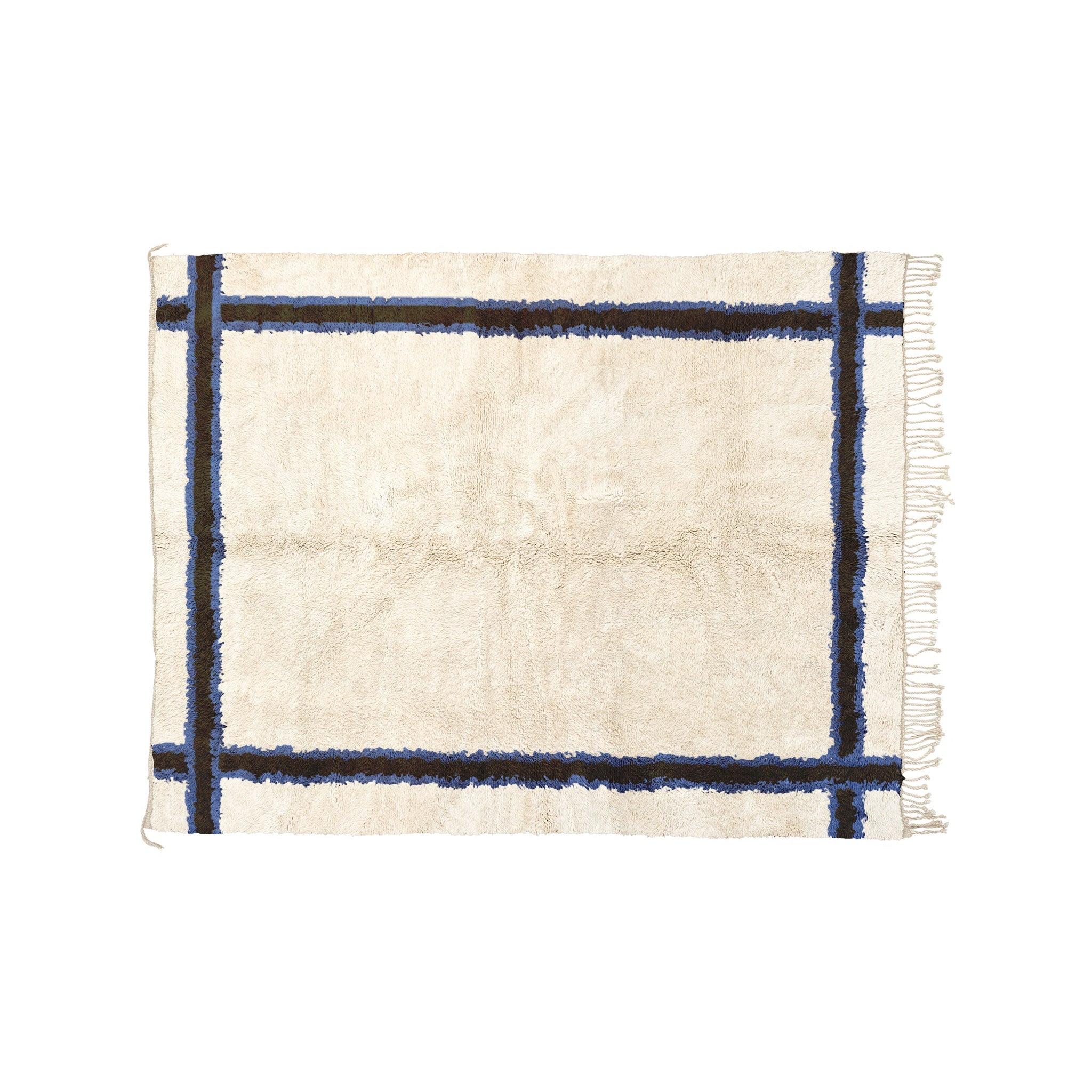 Détail de la bordure bleue et brune sur laine écrue
